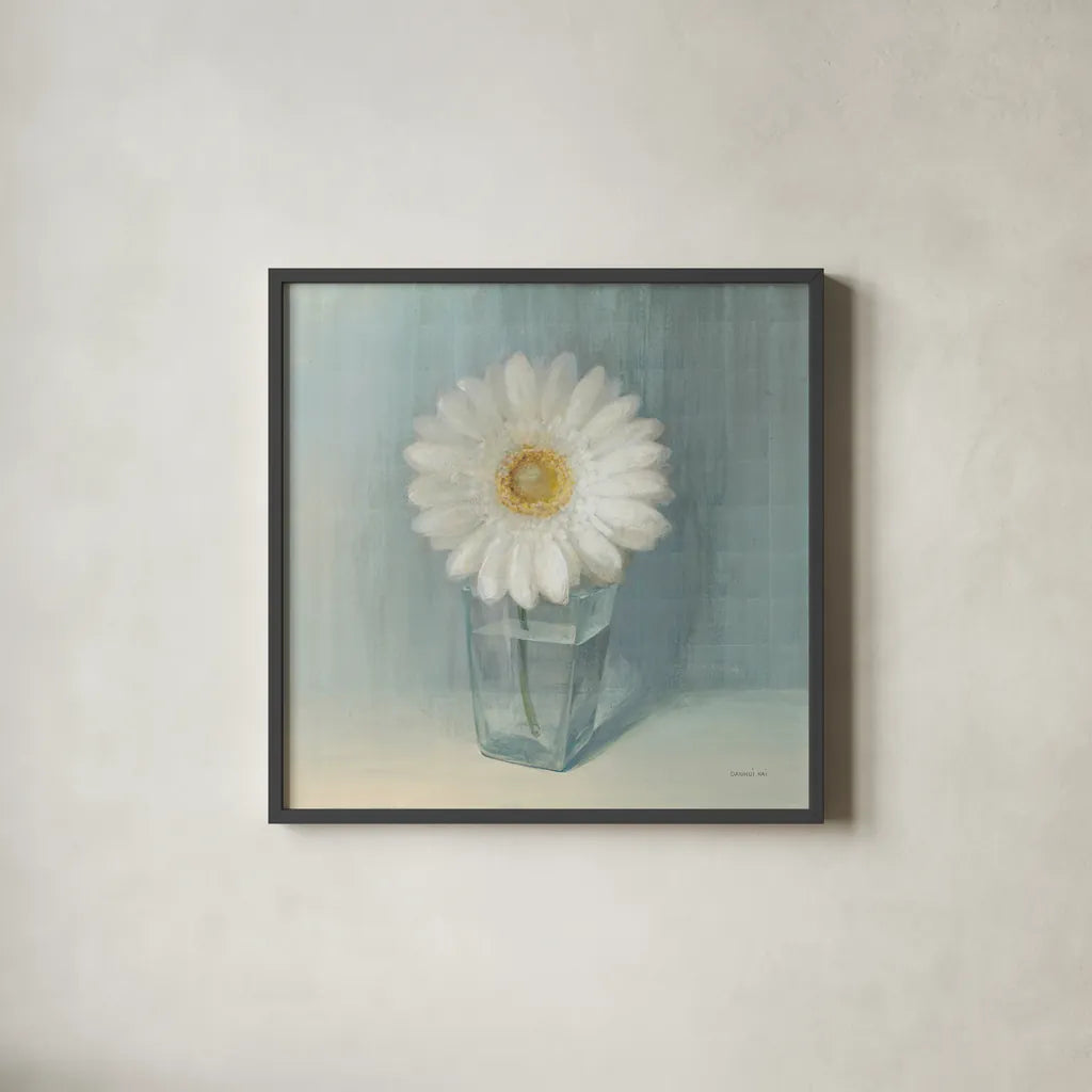 Single White Daisy by Danhui Nai. Shown in a sleek black glass frame for a contemporary gallery look. Available as an archival giclee rolled canvas, fine art paper, or poster print. SKU 5183a.