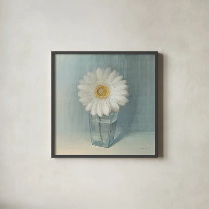 Single White Daisy by Danhui Nai. Shown in a sleek black glass frame for a contemporary gallery look. Available as an archival giclee rolled canvas, fine art paper, or poster print. SKU 5183a.