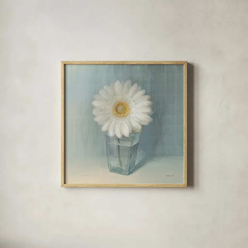 Single White Daisy by Danhui Nai. Shown in a natural wood glass frame for a timeless modern aesthetic. Available as an archival giclee rolled canvas, fine art paper, or poster print. SKU 5183a.