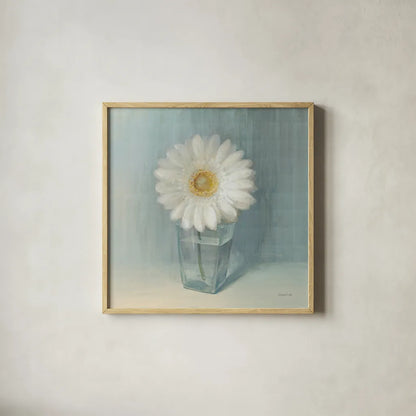 Single White Daisy by Danhui Nai. Shown in a natural wood glass frame for a timeless modern aesthetic. Available as an archival giclee rolled canvas, fine art paper, or poster print. SKU 5183a.