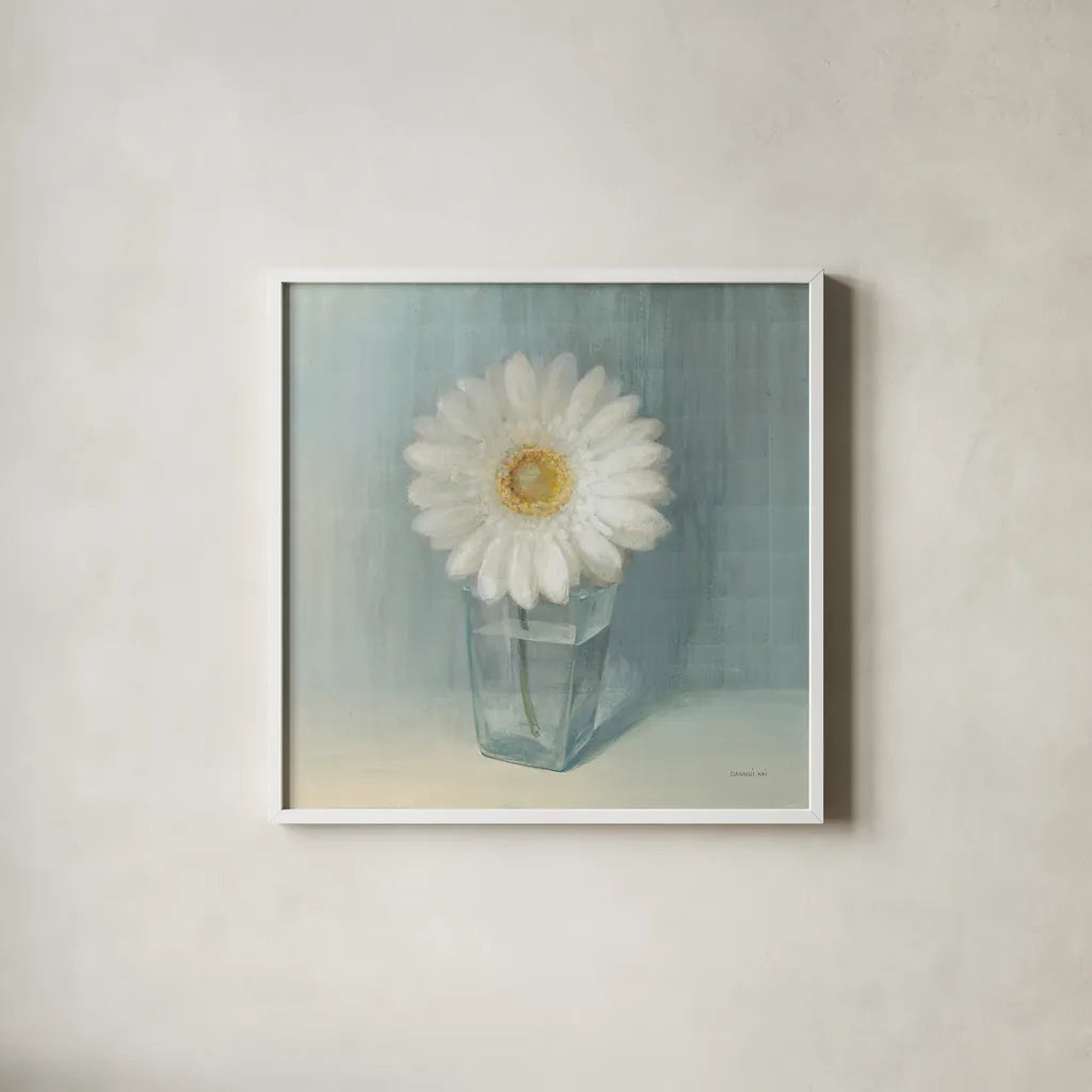 Single White Daisy by Danhui Nai. Shown in a crisp white glass frame for a clean and minimalist style. Available as an archival giclee rolled canvas, fine art paper, or poster print. SKU 5183a.