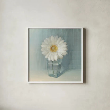Single White Daisy by Danhui Nai. Shown in a crisp white glass frame for a clean and minimalist style. Available as an archival giclee rolled canvas, fine art paper, or poster print. SKU 5183a.