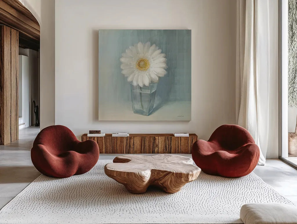 Single White Daisy by Danhui Nai. Shown as extra-large giant wall art in a modern living room. Available as an archival giclee rolled canvas, fine art paper, or poster print. SKU 5183a.