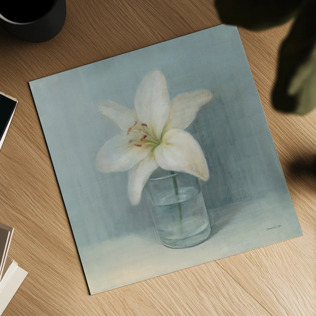 Single White Lily by Danhui Nai. Shown as a detailed flat fine art print, highlighting archival giclee quality. Available as an archival giclee rolled canvas, fine art paper, or poster print. SKU 5184a.