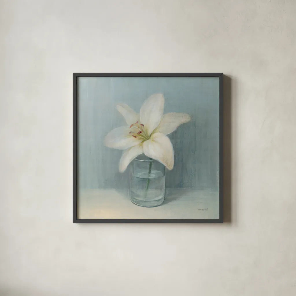 Single White Lily by Danhui Nai. Shown in a sleek black glass frame for a contemporary gallery look. Available as an archival giclee rolled canvas, fine art paper, or poster print. SKU 5184a.