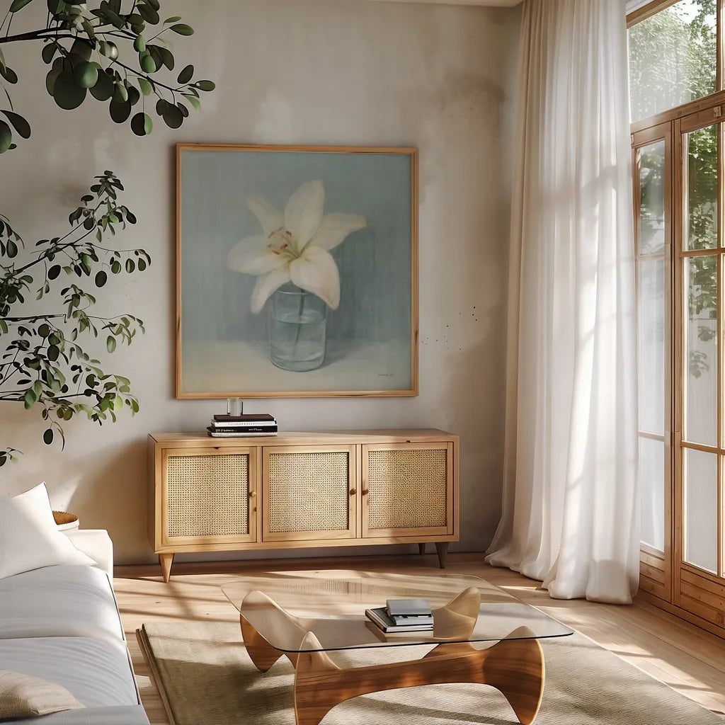 Single White Lily by Danhui Nai. Shown in a natural wood frame in a cozy modern living room. Available as an archival giclee rolled canvas, fine art paper, or poster print. SKU 5184a.
