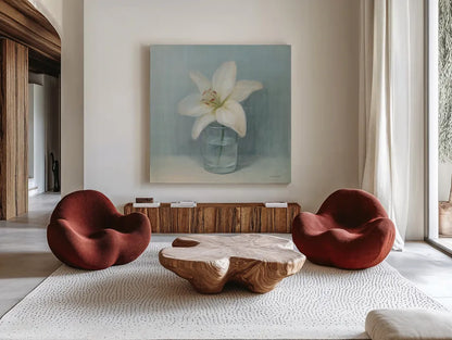 Single White Lily by Danhui Nai. Shown as extra-large giant wall art in a modern living room. Available as an archival giclee rolled canvas, fine art paper, or poster print. SKU 5184a.