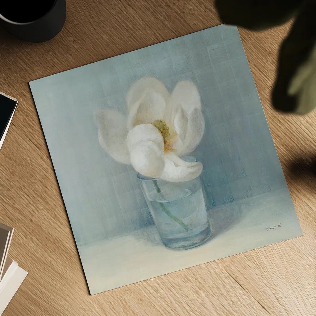 Single White Magnolia by Danhui Nai. Shown as a detailed flat fine art print, highlighting archival giclee quality. Available as an archival giclee rolled canvas, fine art paper, or poster print. SKU 5185a.