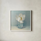 Single White Magnolia by Danhui Nai. Shown in a crisp white glass frame for a clean and minimalist style. Available as an archival giclee rolled canvas, fine art paper, or poster print. SKU 5185a.