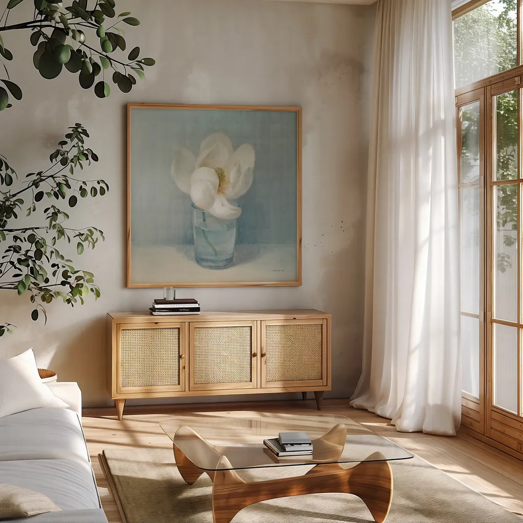 Single White Magnolia by Danhui Nai. Shown in a natural wood frame in a cozy modern living room. Available as an archival giclee rolled canvas, fine art paper, or poster print. SKU 5185a.