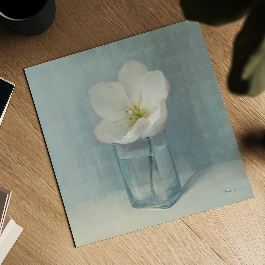 Single White Tulip by Danhui Nai. Shown as a detailed flat fine art print, highlighting archival giclee quality. Available as an archival giclee rolled canvas, fine art paper, or poster print. SKU 5186a.