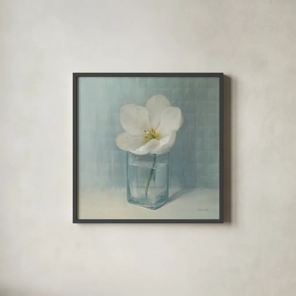 Single White Tulip by Danhui Nai. Shown in a sleek black glass frame for a contemporary gallery look. Available as an archival giclee rolled canvas, fine art paper, or poster print. SKU 5186a.