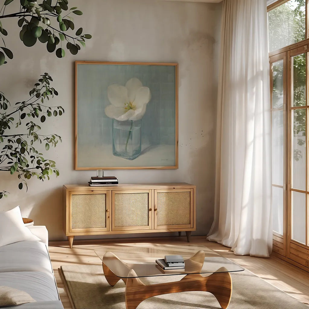 Single White Tulip by Danhui Nai. Shown in a natural wood frame in a cozy modern living room. Available as an archival giclee rolled canvas, fine art paper, or poster print. SKU 5186a.