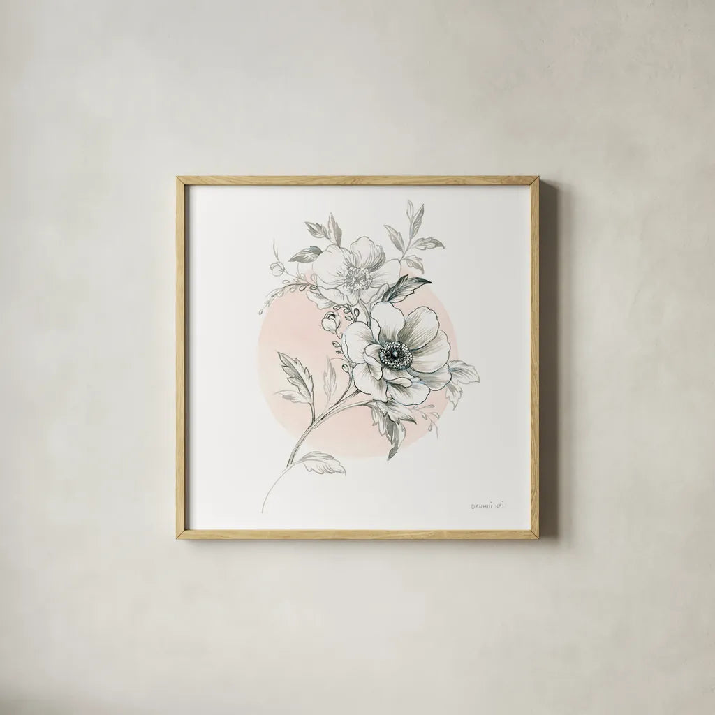 Sketchbook Garden I by Danhui Nai. Shown in a natural wood glass frame for a timeless modern aesthetic. Available as an archival giclee rolled canvas, fine art paper, or poster print. SKU 41775a.
