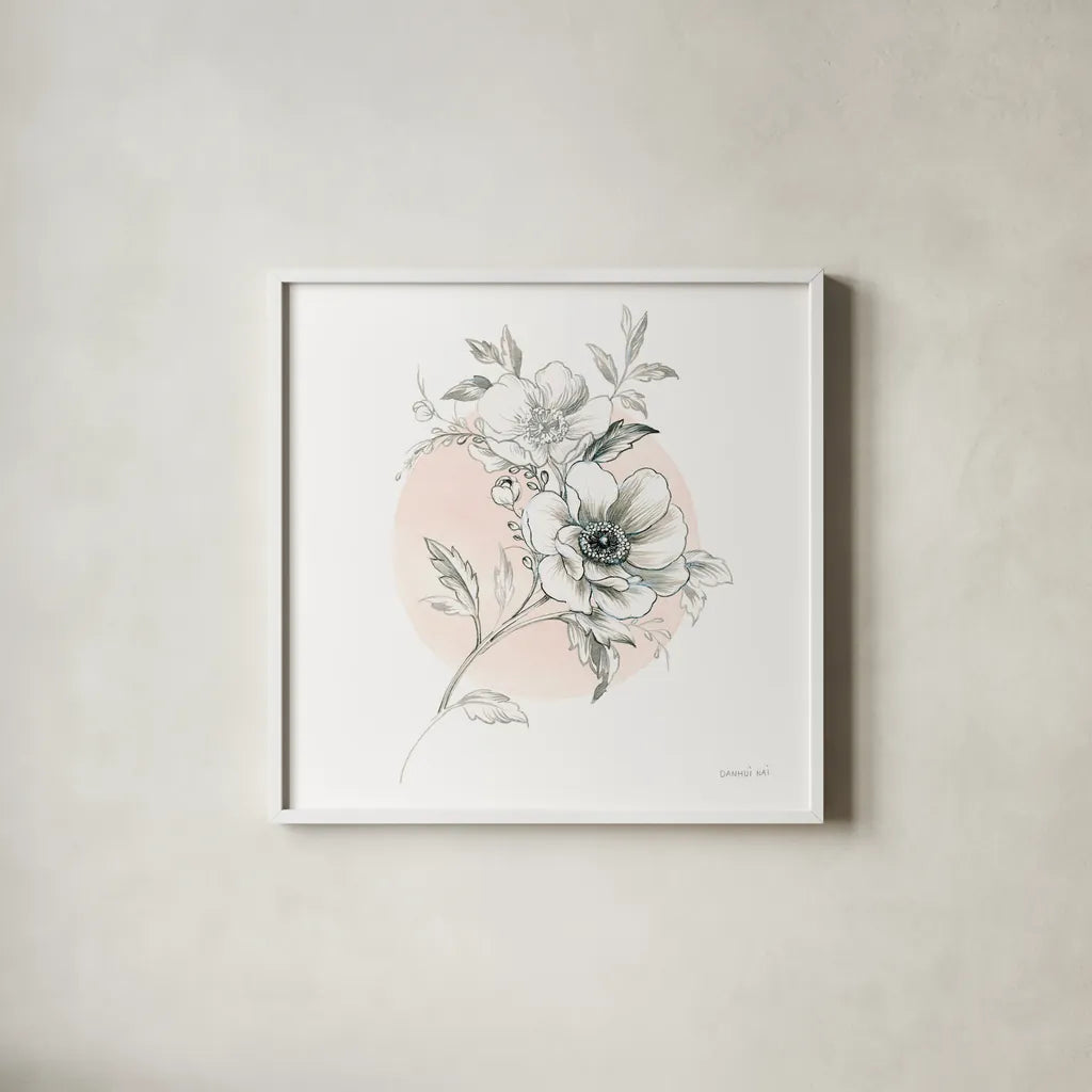 Sketchbook Garden I by Danhui Nai. Shown in a crisp white glass frame for a clean and minimalist style. Available as an archival giclee rolled canvas, fine art paper, or poster print. SKU 41775a.