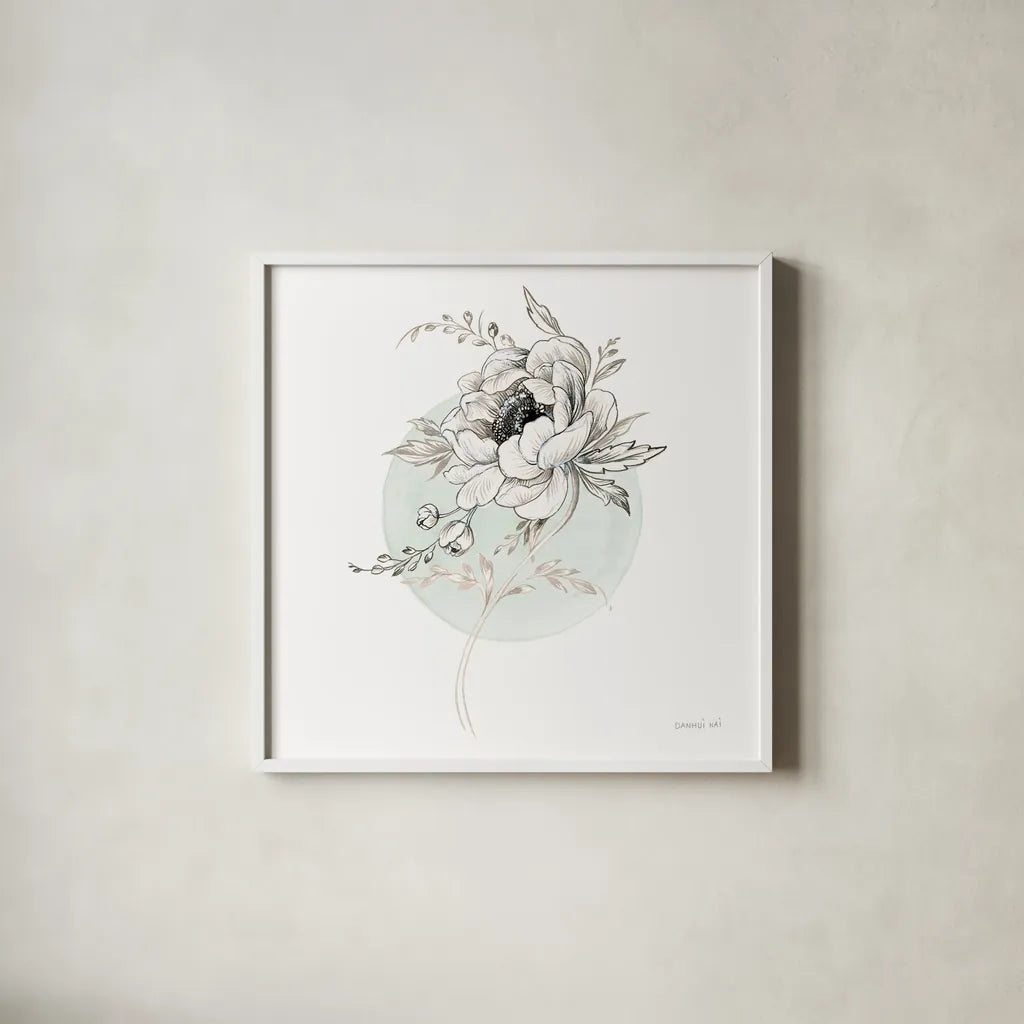 Sketchbook Garden II by Danhui Nai. Shown in a crisp white glass frame for a clean and minimalist style. Available as an archival giclee rolled canvas, fine art paper, or poster print. SKU 41776a.