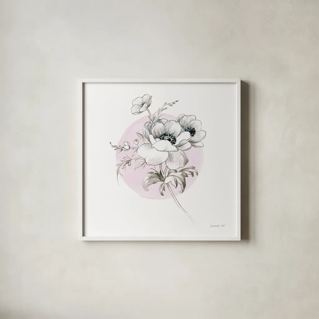 Sketchbook Garden IV by Danhui Nai. Shown in a crisp white glass frame for a clean and minimalist style. Available as an archival giclee rolled canvas, fine art paper, or poster print. SKU 41778a.