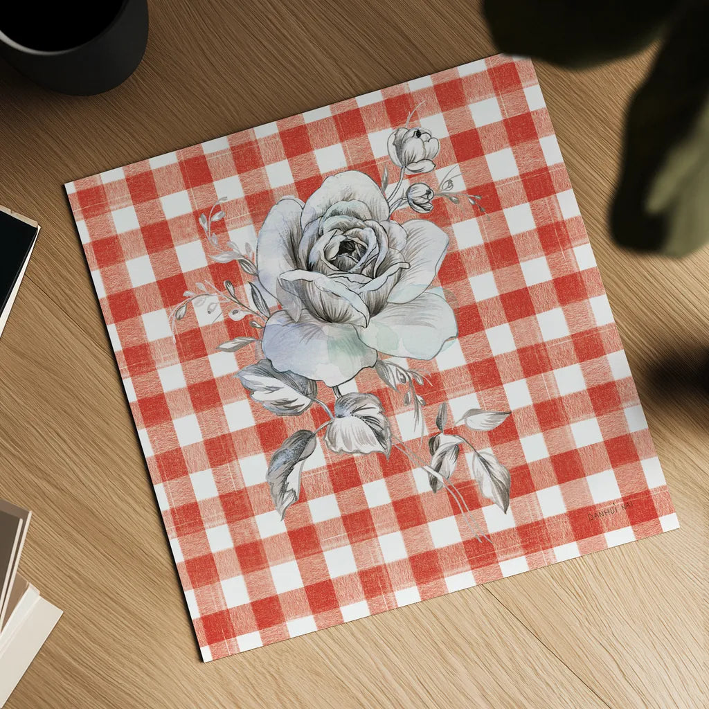 Sketchbook Garden IX Red Checker by Danhui Nai. Shown as a detailed flat fine art print, highlighting archival giclee quality. Available as an archival giclee rolled canvas, fine art paper, or poster print. SKU 42823a.