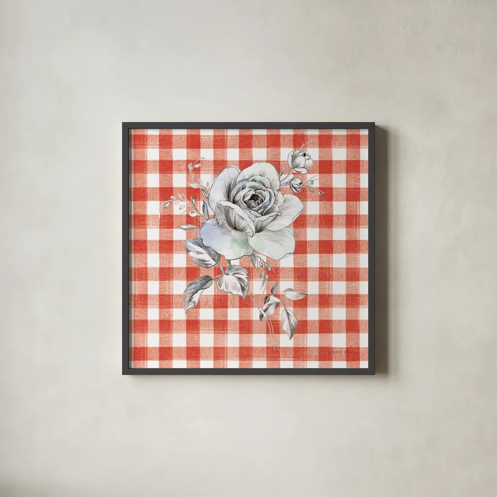 Sketchbook Garden IX Red Checker by Danhui Nai. Shown in a sleek black glass frame for a contemporary gallery look. Available as an archival giclee rolled canvas, fine art paper, or poster print. SKU 42823a.