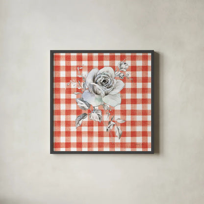 Sketchbook Garden IX Red Checker by Danhui Nai. Shown in a sleek black glass frame for a contemporary gallery look. Available as an archival giclee rolled canvas, fine art paper, or poster print. SKU 42823a.