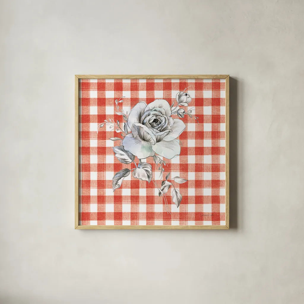 Sketchbook Garden IX Red Checker by Danhui Nai. Shown in a natural wood glass frame for a timeless modern aesthetic. Available as an archival giclee rolled canvas, fine art paper, or poster print. SKU 42823a.