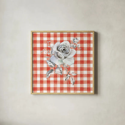 Sketchbook Garden IX Red Checker by Danhui Nai. Shown in a natural wood glass frame for a timeless modern aesthetic. Available as an archival giclee rolled canvas, fine art paper, or poster print. SKU 42823a.
