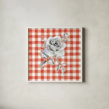 Sketchbook Garden IX Red Checker by Danhui Nai. Shown in a crisp white glass frame for a clean and minimalist style. Available as an archival giclee rolled canvas, fine art paper, or poster print. SKU 42823a.