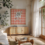 Sketchbook Garden IX Red Checker by Danhui Nai. Shown in a natural wood frame in a cozy modern living room. Available as an archival giclee rolled canvas, fine art paper, or poster print. SKU 42823a.