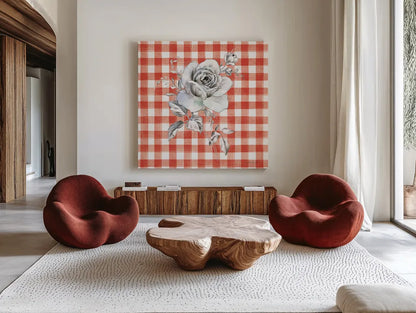 Sketchbook Garden IX Red Checker by Danhui Nai. Shown as extra-large giant wall art in a modern living room. Available as an archival giclee rolled canvas, fine art paper, or poster print. SKU 42823a.
