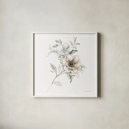 Sketchbook Garden VII by Danhui Nai. Shown in a crisp white glass frame for a clean and minimalist style. Available as an archival giclee rolled canvas, fine art paper, or poster print. SKU 41781a.