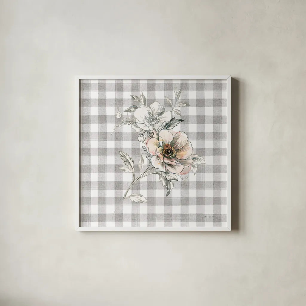 Sketchbook Garden VII Checker by Danhui Nai. Shown in a crisp white glass frame for a clean and minimalist style. Available as an archival giclee rolled canvas, fine art paper, or poster print. SKU 42439a.