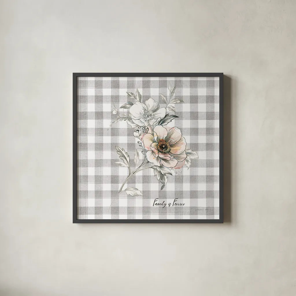 Sketchbook Garden VII Checker Family by Danhui Nai. Shown in a sleek black glass frame for a contemporary gallery look. Available as an archival giclee rolled canvas, fine art paper, or poster print. SKU 42609a.
