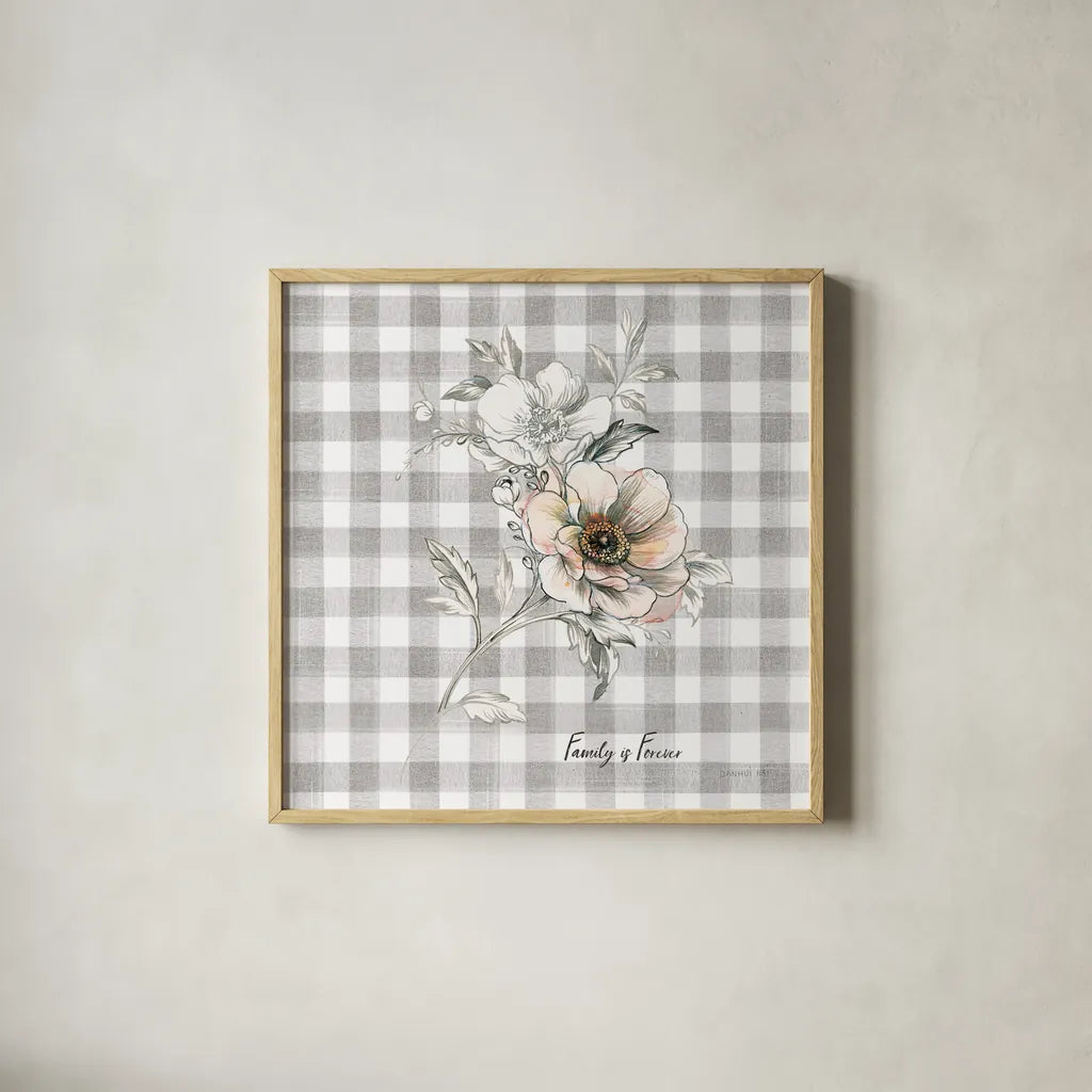 Sketchbook Garden VII Checker Family by Danhui Nai. Shown in a natural wood glass frame for a timeless modern aesthetic. Available as an archival giclee rolled canvas, fine art paper, or poster print. SKU 42609a.