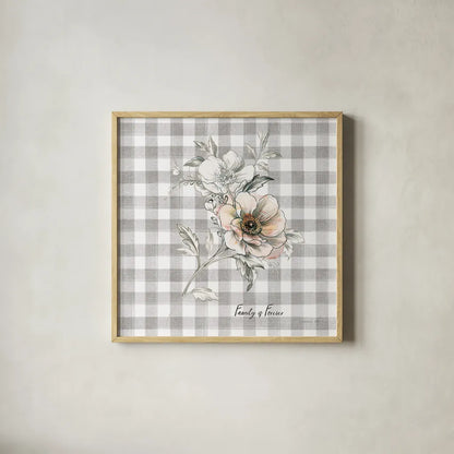 Sketchbook Garden VII Checker Family by Danhui Nai. Shown in a natural wood glass frame for a timeless modern aesthetic. Available as an archival giclee rolled canvas, fine art paper, or poster print. SKU 42609a.