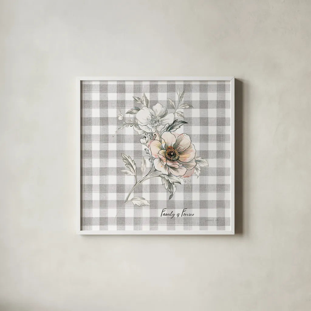 Sketchbook Garden VII Checker Family by Danhui Nai. Shown in a crisp white glass frame for a clean and minimalist style. Available as an archival giclee rolled canvas, fine art paper, or poster print. SKU 42609a.
