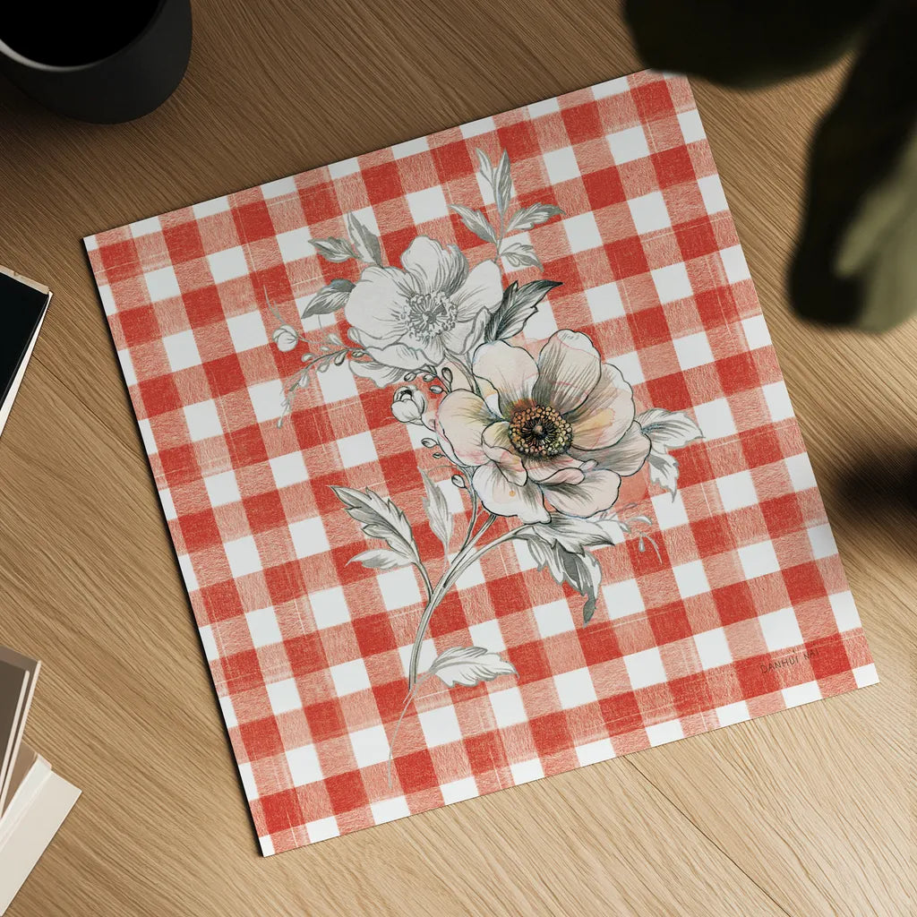 Sketchbook Garden VII Red Checker by Danhui Nai. Shown as a detailed flat fine art print, highlighting archival giclee quality. Available as an archival giclee rolled canvas, fine art paper, or poster print. SKU 42821a.