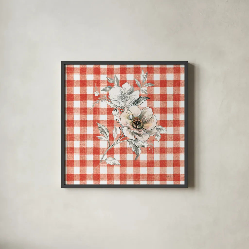 Sketchbook Garden VII Red Checker by Danhui Nai. Shown in a sleek black glass frame for a contemporary gallery look. Available as an archival giclee rolled canvas, fine art paper, or poster print. SKU 42821a.