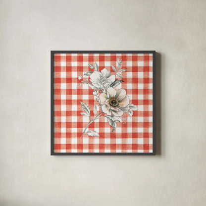 Sketchbook Garden VII Red Checker by Danhui Nai. Shown in a sleek black glass frame for a contemporary gallery look. Available as an archival giclee rolled canvas, fine art paper, or poster print. SKU 42821a.