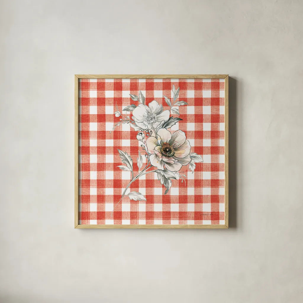 Sketchbook Garden VII Red Checker by Danhui Nai. Shown in a natural wood glass frame for a timeless modern aesthetic. Available as an archival giclee rolled canvas, fine art paper, or poster print. SKU 42821a.