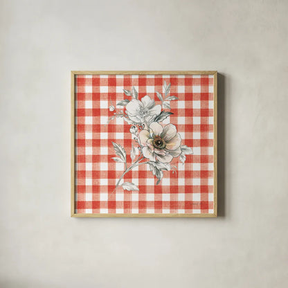 Sketchbook Garden VII Red Checker by Danhui Nai. Shown in a natural wood glass frame for a timeless modern aesthetic. Available as an archival giclee rolled canvas, fine art paper, or poster print. SKU 42821a.