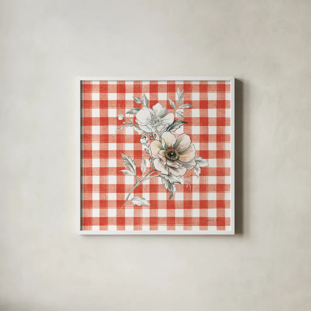 Sketchbook Garden VII Red Checker by Danhui Nai. Shown in a crisp white glass frame for a clean and minimalist style. Available as an archival giclee rolled canvas, fine art paper, or poster print. SKU 42821a.