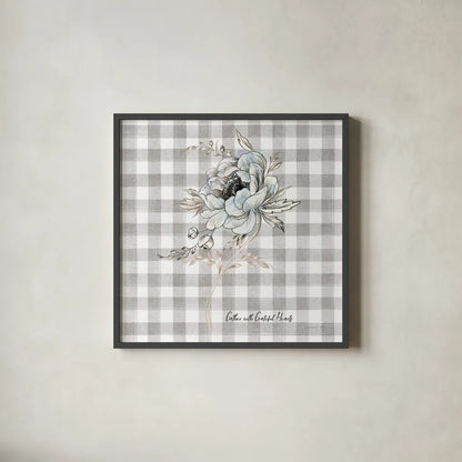 Sketchbook Garden VIII Checker Gather by Danhui Nai. Shown in a sleek black glass frame for a contemporary gallery look. Available as an archival giclee rolled canvas, fine art paper, or poster print. SKU 42610a.