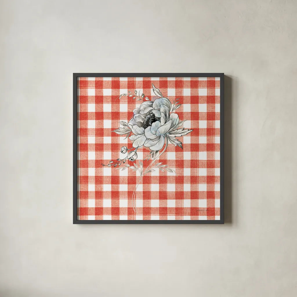 Sketchbook Garden VIII Red Checker by Danhui Nai. Shown in a sleek black glass frame for a contemporary gallery look. Available as an archival giclee rolled canvas, fine art paper, or poster print. SKU 42822a.