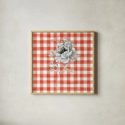 Sketchbook Garden VIII Red Checker by Danhui Nai. Shown in a natural wood glass frame for a timeless modern aesthetic. Available as an archival giclee rolled canvas, fine art paper, or poster print. SKU 42822a.