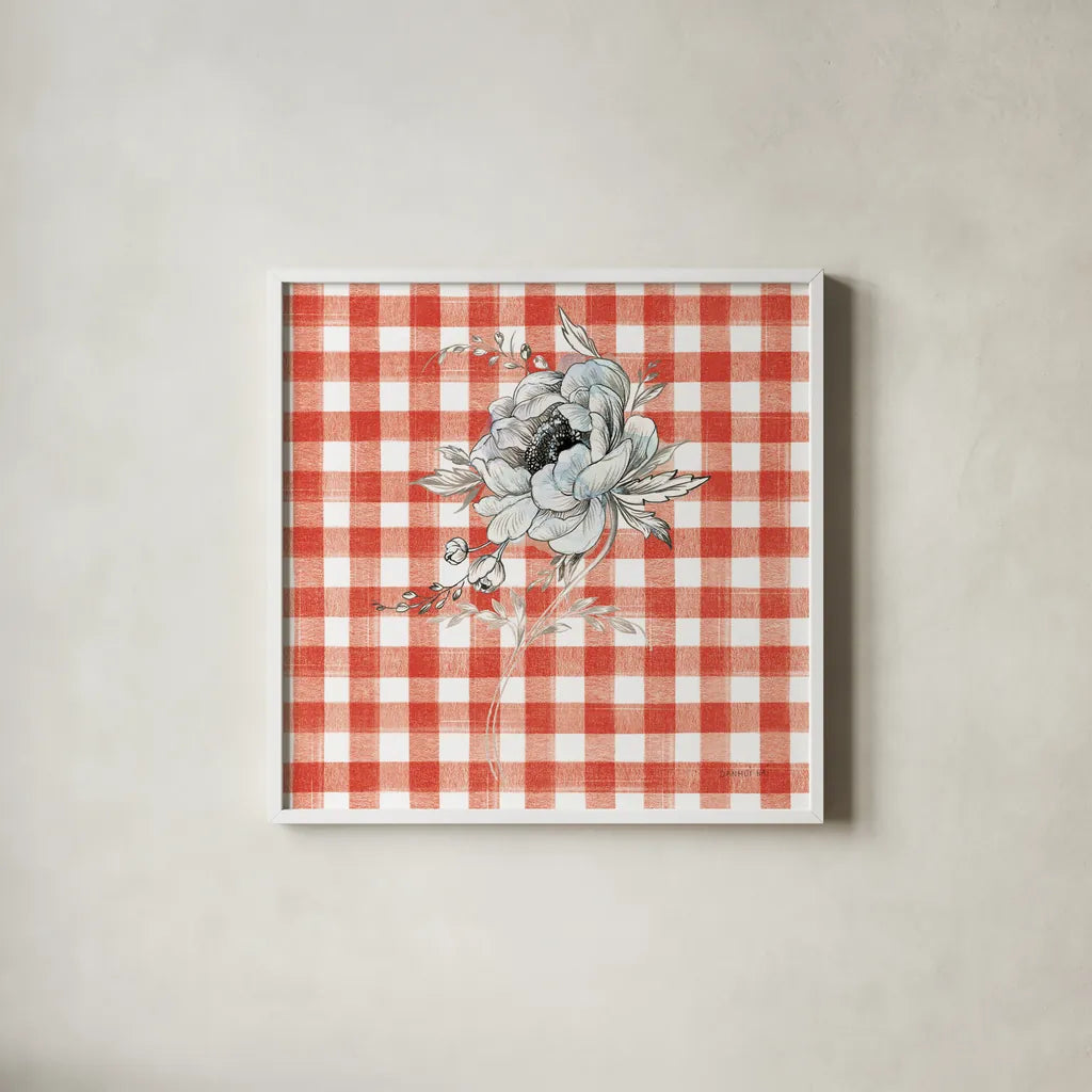 Sketchbook Garden VIII Red Checker by Danhui Nai. Shown in a crisp white glass frame for a clean and minimalist style. Available as an archival giclee rolled canvas, fine art paper, or poster print. SKU 42822a.