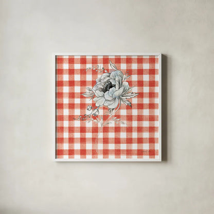 Sketchbook Garden VIII Red Checker by Danhui Nai. Shown in a crisp white glass frame for a clean and minimalist style. Available as an archival giclee rolled canvas, fine art paper, or poster print. SKU 42822a.