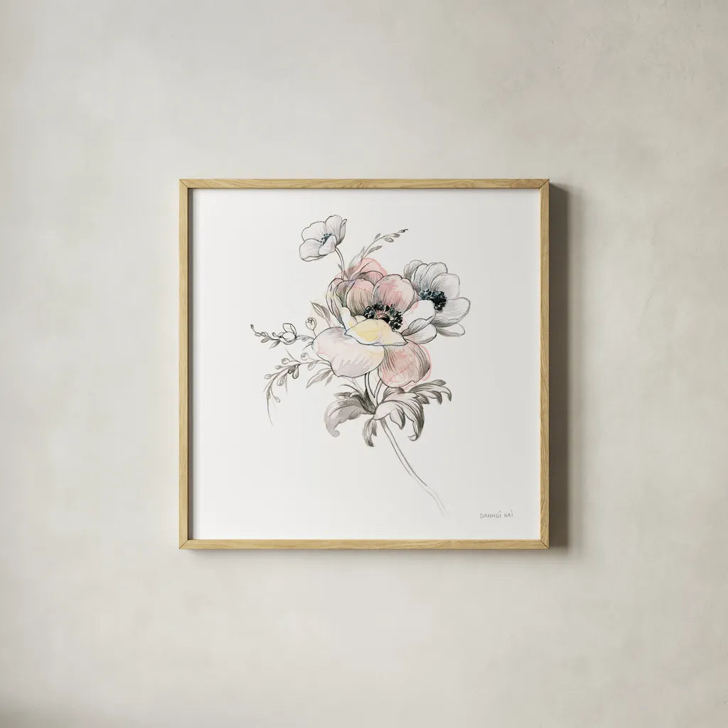 Sketchbook Garden X by Danhui Nai. Shown in a natural wood glass frame for a timeless modern aesthetic. Available as an archival giclee rolled canvas, fine art paper, or poster print. SKU 41784a.