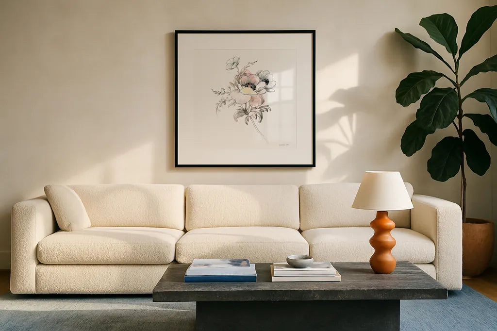 Sketchbook Garden X by Danhui Nai. Displayed in a glass frame with matte in a clean modern living room. Available as an archival giclee rolled canvas, fine art paper, or poster print. SKU 41784a.