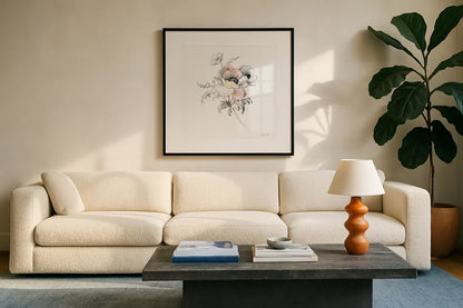 Sketchbook Garden X by Danhui Nai. Displayed in a glass frame with matte in a clean modern living room. Available as an archival giclee rolled canvas, fine art paper, or poster print. SKU 41784a.