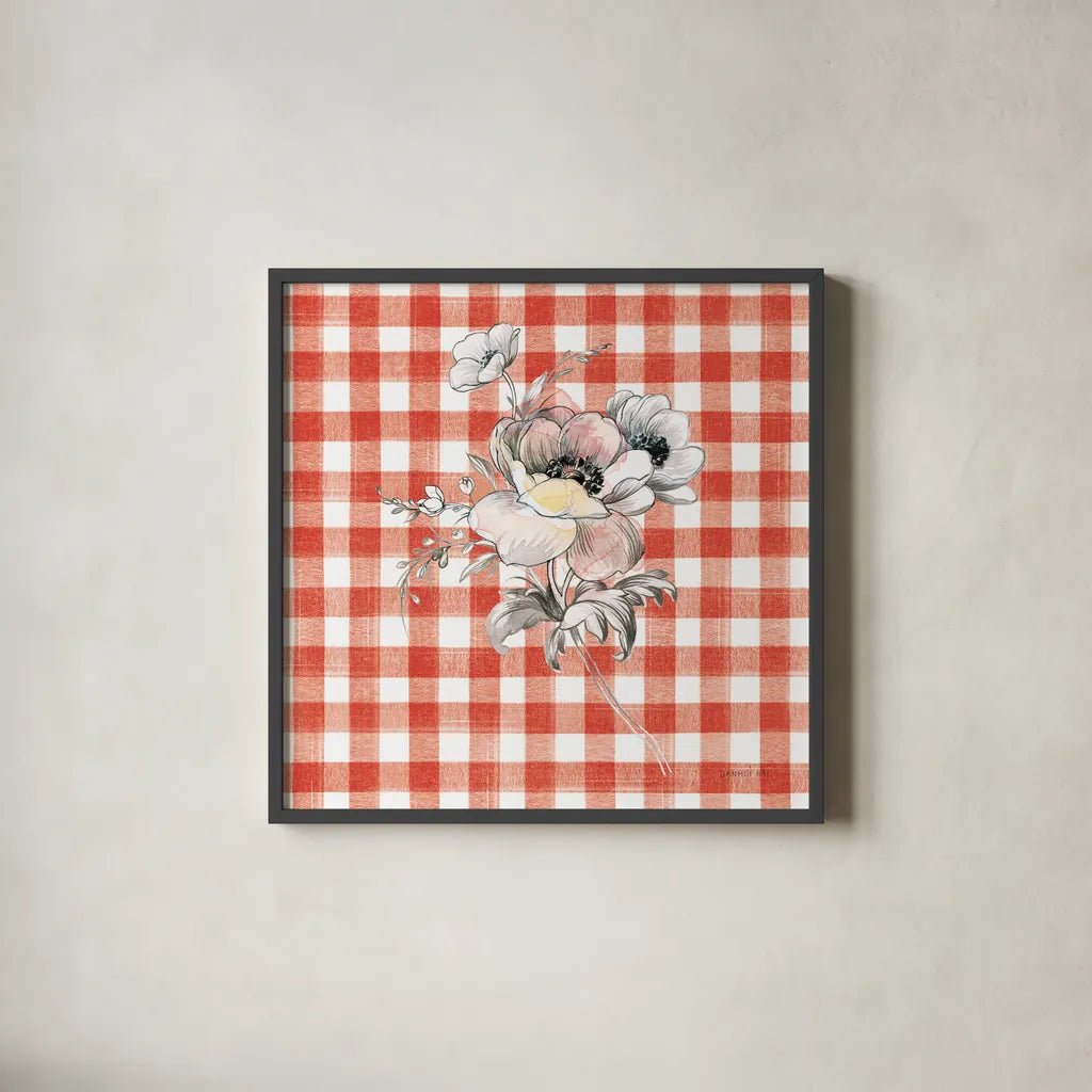 Sketchbook Garden X Red Checker by Danhui Nai. Shown in a sleek black glass frame for a contemporary gallery look. Available as an archival giclee rolled canvas, fine art paper, or poster print. SKU 42824a.